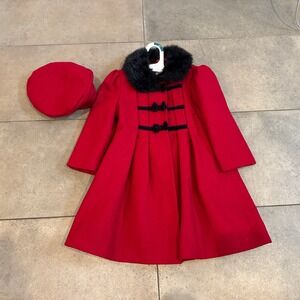 Rothschild Girls 3T Red Wool Winter Coat & Beret Vintage Style Dressy Classic